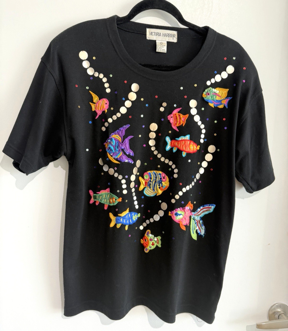 Vintage Boho Victoria Harbour 80s fish Applique T-Shirt Black Sequin Arts Size-L
